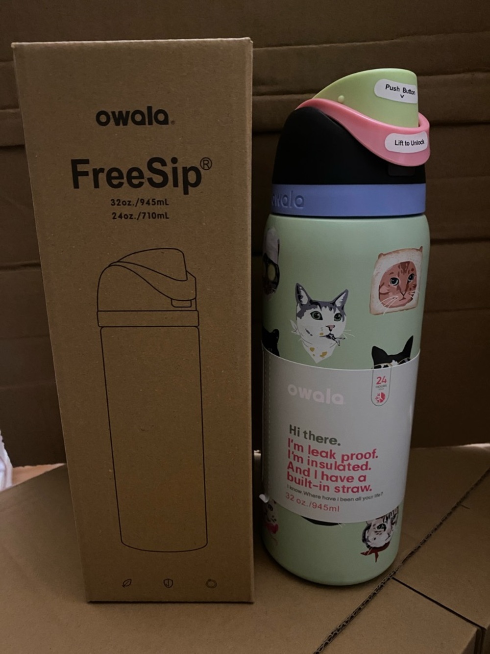 FreeSip Cat Print Mint Insulated Water Bottle with Straw